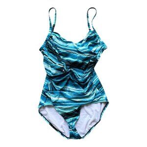 JANTZEN One Piece Swimsuit Women Size 14 Aqua Blue Striped Slimming Fit Lined